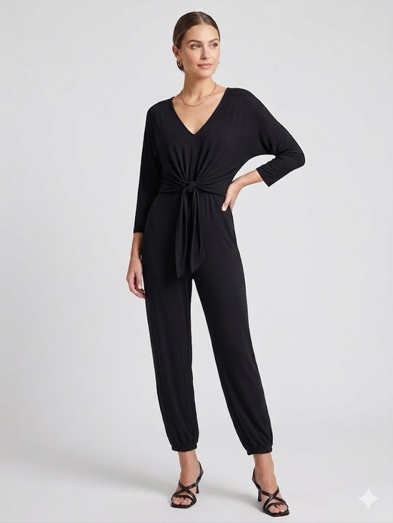 Jolie Pants - Jolie Black V-Neck Tie-Front Jumpsuit